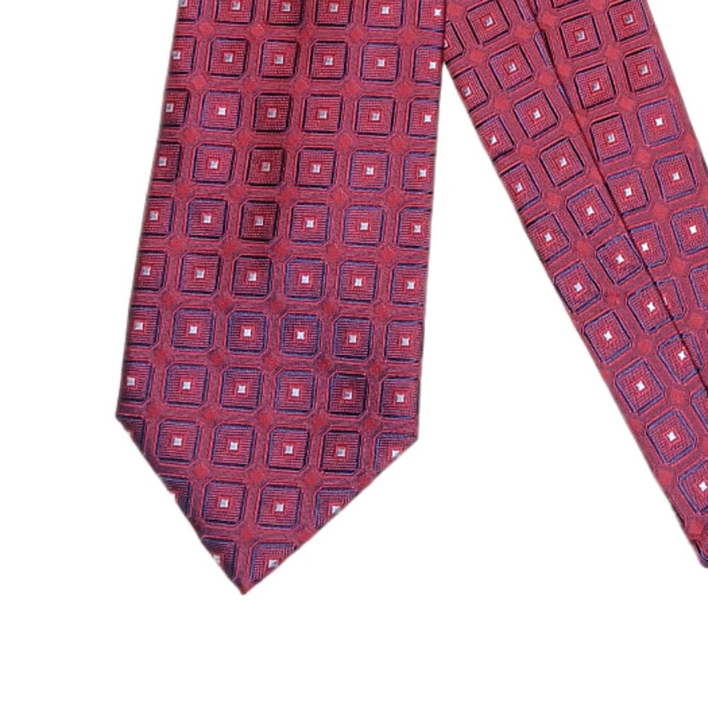 Tommy Hilfiger Silk Tie Men’s 62” Red Navy Geometric Dot Western Classic New